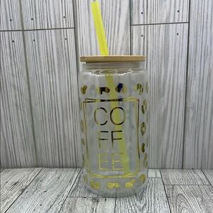 Handmade tumbler Clear Coffee Jar with Yellow Straw and Lid